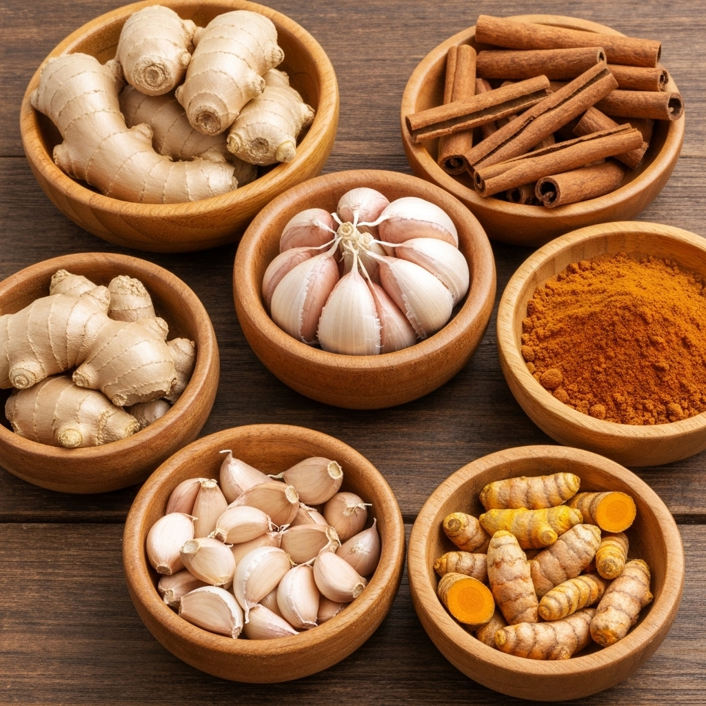 Fresh ginger, garlic, cinnamon, turmeric and aromatic spices in wooden bowls