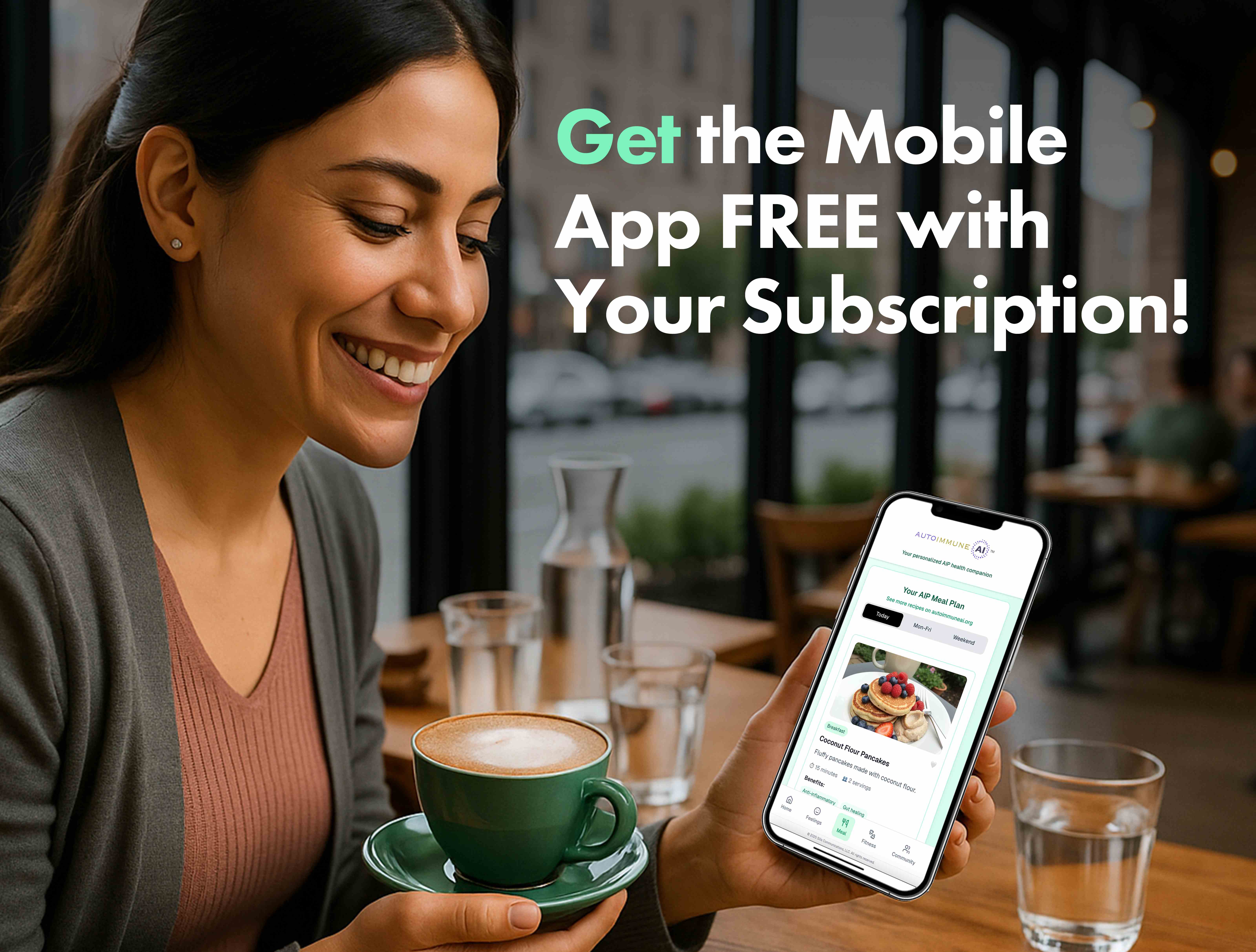 Woman using Autoimmune AI app in a cafe setting