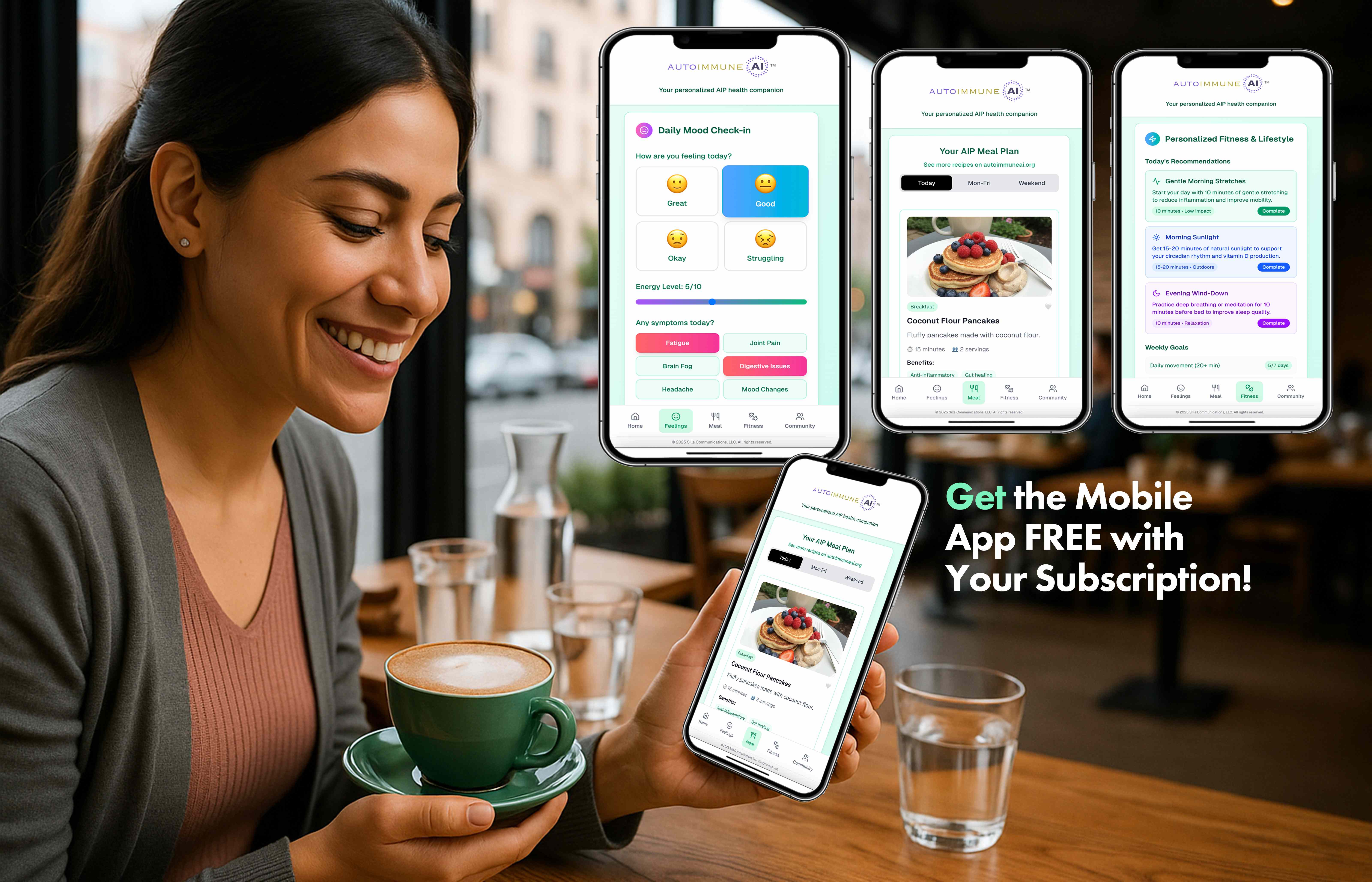 Woman using Autoimmune AI app in a cafe setting with floating app mockups