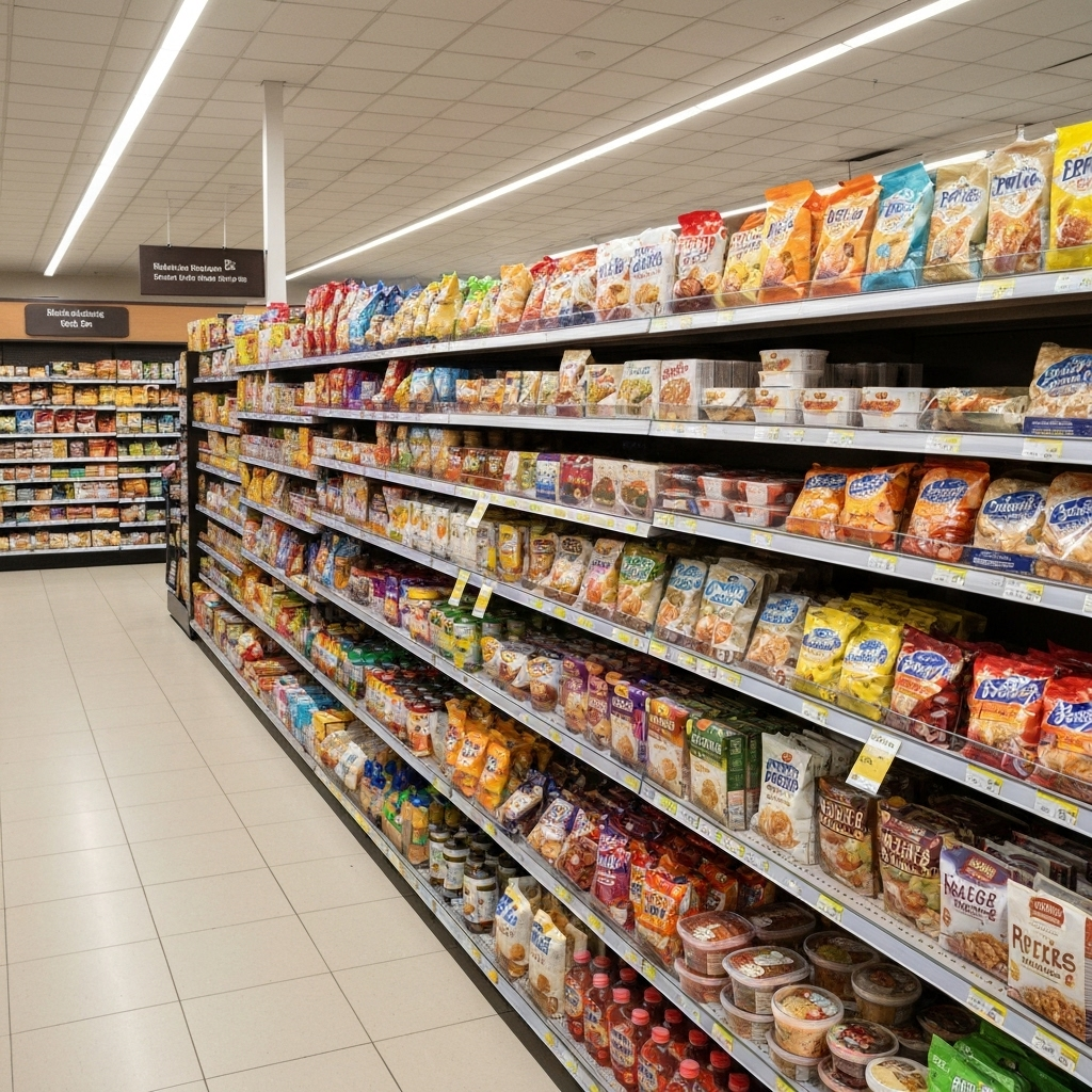 Grocery store cereal aisle perspective